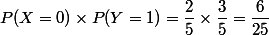 P(X=0)\times P(Y=1)=\dfrac{2}{5}\times \dfrac{3}{5}=\dfrac{6}{25}